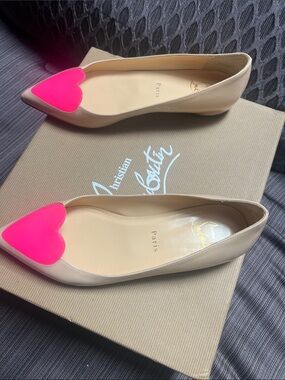 Christian Louboutin Beige Pointed Flats with Hot Pink Heart Toe